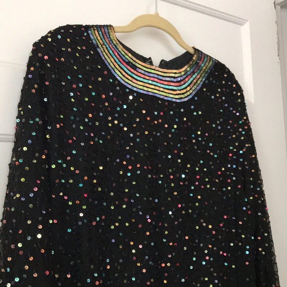 Vintage Saks Fifth Avenue Dress Sequins Rainbow Black Beaded Ruched Mini - Picture 5 of 14
